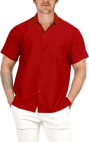 Vista 2 de LA LEELA Camisas casuales de manga corta con botones para hombre, para playa, verano, color liso, para trabajo, vacaciones, campamento, camisas