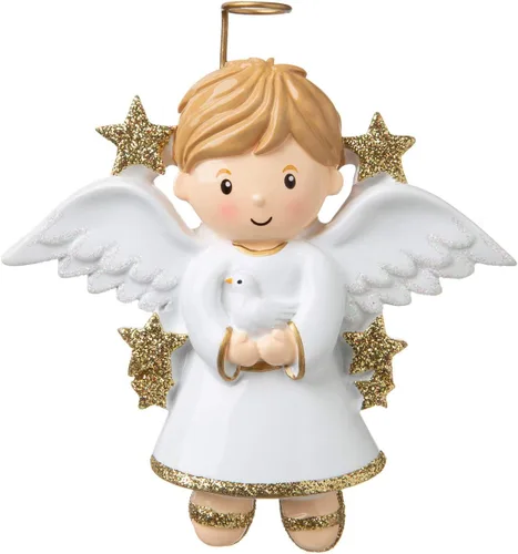 Vista 2 de Adorno de ángel personalizado 2025 – Adorno de ángel bebé rubio para niño, reloj de halo dorado, adornos de Navidad para bebé para alas de árbol