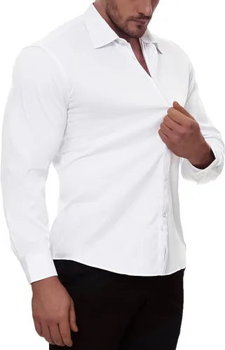 Vista 3 de Alimens & Gentle Men's Dress Shirts Long Sleeve Stretch Wrinkle-Free Solid Business Formal Casual Button Down Shirt