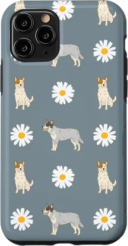 Vista 27 de Funda azul para iPhone 16 con diseño de perro Heeler y margarita azul polvoriento