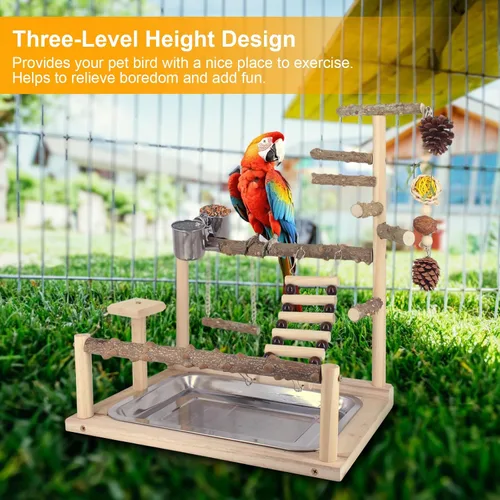 Vista 6 de Parque infantil para pájaros, juguetes naturales para loros, soporte de perca, columpio de cacatúa con juguetes para masticar, plataforma de loro