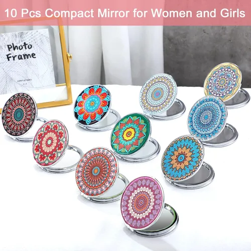 Vista 6 de Berlune 10 piezas de espejo de bolsillo con mandala, mini espejos de maquillaje compactos de viaje, accesorios plegables a mano, diseños de mandala