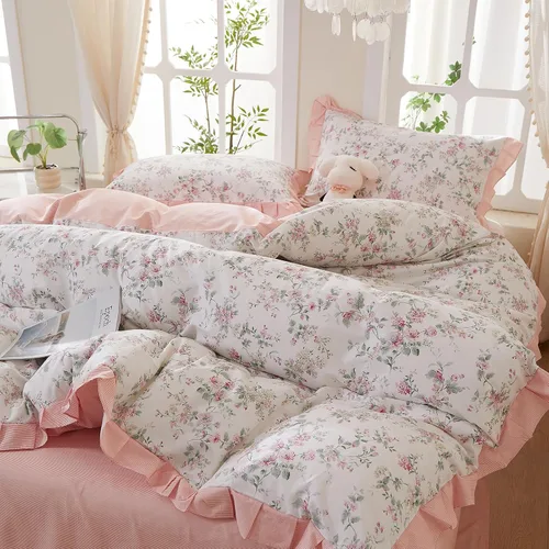 Vista 31 de Funda de edredón de flores rosadas, tamaño individual, elegante, con volantes, funda de edredón de encaje de algodón, juego de ropa de cama floral