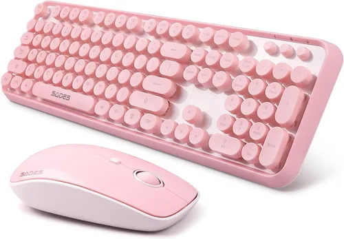 Vista 13 de Combo de teclado y mouse inalámbricos, teclado redondo estilo máquina de escribir retro, teclado inalámbrico de tamaño completo de 2.4 GHz