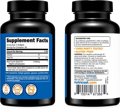 Vista 4 de Nutricost Aceite de semilla negra (comino), prensado en frío, fuente de Omega 3 6 9-120 cápsulas blandas, 1000 mg por porción, 60 porciones, sin OMG