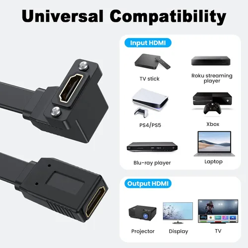Vista 3 de Poyiccot Cable HDMI plano, cable de extensión HDMI de montaje en panel 4K, 18 Gbps en ángulo superior hembra a hembra, compatible con Ethernet 3D 4K