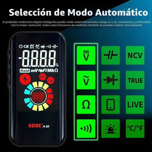 Vista 2 de BSIDE Multímetro digital, recargable con pantalla LCD a color, pantalla de 3 resultados, 6000 cuentas, voltímetro inteligente de bolsillo, diodo