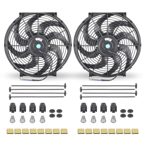 Vista 18 de Juego de 2 ventiladores eléctricos universales delgados, tire/empuje, 7 pulgadas, negro, 12V 80W, kit de montaje de alto rendimiento para radiador