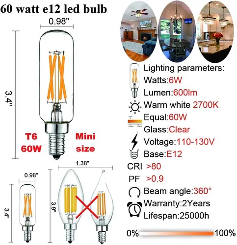 Vista 4 de LiteHistory Bombilla E12 regulable para candelabros de 60 W, paquete de 6 bombillas Edison E26 de 6 W = 60 W, 60 W, para candelabros, ventilador