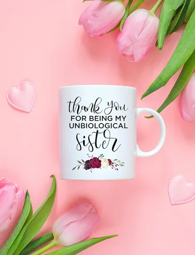 Vista 5 de BLUE RIBBON Taza del Día de las Hermanas, con texto en inglés "Thank You FOR BEING MY UNBIOLOGICAL Sister", divertida taza de café en caja de regalo