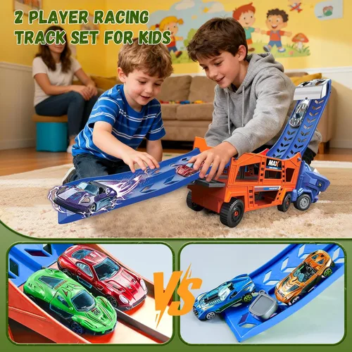 Vista 5 de Juguetes de Camión de Dinosaurios para Niños de 3-5 - Camión Transportador con 6 Autos de Juguete Fundidos a Presión, Camión 3 en 1 con 2 Pistas