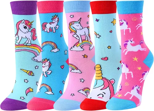 Vista 2 de Zmart Paquete de calcetines de animales para niñas, regalos de llama y unicornio, calcetines de corgi y pollo, 5 pares para niños
