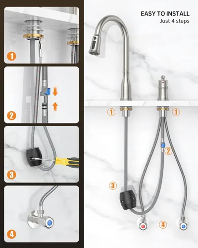 Vista 8 de APPASO Grifo de cocina de 2 agujeros con rociador extraíble, 3 modos de pulverización, grifos de cocina de níquel cepillado con pulverizador, grifo