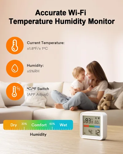 Vista 3 de Lumary Termómetro inteligente higrómetro, WiFi y Bluetooth sensor de humedad de temperatura interior con alerta de aplicación, pantalla LED