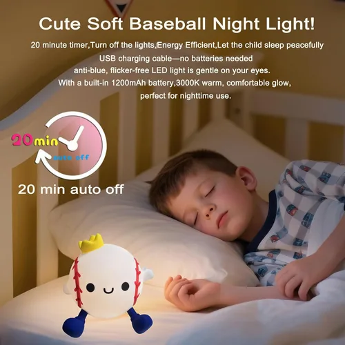 Vista 3 de DREAMING MY DREAM Luz de noche de béisbol, linda lámpara LED novedosa de silicona esponjosa, lámpara táctil con 2 niveles de atenuación