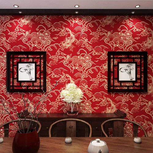 Vista 3 de Q QIHANG Papel pintado de estilo rojo chino Patrón de dragón clásico Zen Hotel Restaurante Sala de estar Nubes auspiciosas Fondo de TV Fondo