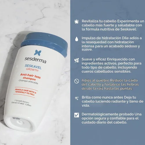 Vista 3 de Sesderma SESKAVEL Champú anticaída de 8.45 onzas líquidas Fórmula con factores de crecimiento Tratamiento capilar con extracto de sabal