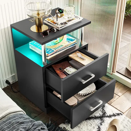 Vista 3 de VIAGDO - Mesa de noche negra con estación de carga y puertos USB, mesa de noche LED con 2 cajones, mesas de cabecera modernas con almacenamiento