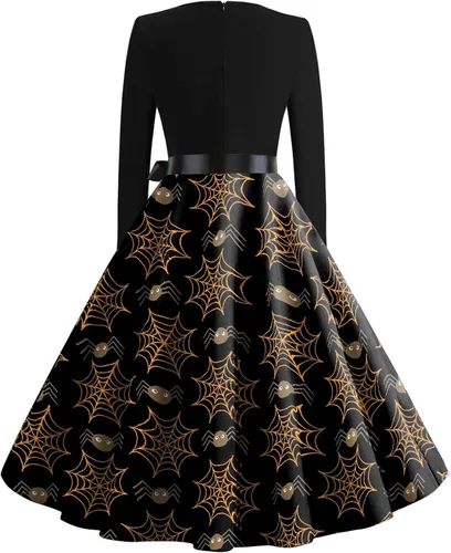 Vista 2 de Vestidos para mujer, vestido acampanado con estampado de Halloween para mujer, vestido de manga larga, vestidos casuales de fiesta huecos