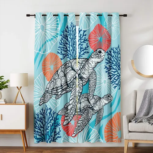 Vista 2 de HOSIMA Cortinas de tortuga marina, cortinas con temática de animales costeros azules para niñas, sala de estar, dormitorio, decoración de baño, 2