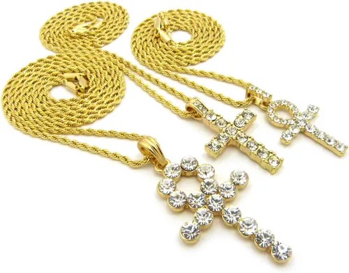 Vista 4 de Iced Out Breath of Life Ankh, colgante de cruz de 24.0in, 30 pulgadas, cadena de cuerda de 3 collar en tono dorado