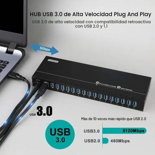 Vista 4 de A-316 - Hub industrial USB 3.0 de 16 puertos, riel DIN, 120 W 16 puertos USB3.0 120W