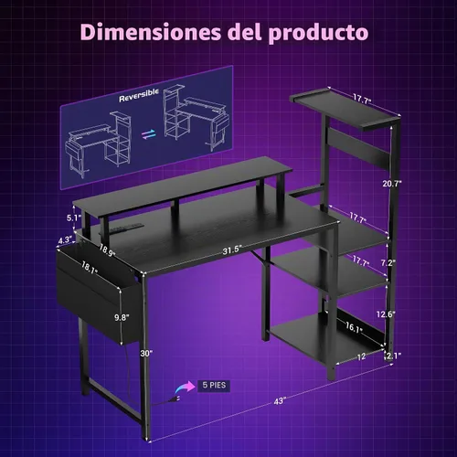 Vista 3 de Gaming Desk 43 Inch Computer Table with Storage Shelves & Monitor Stand