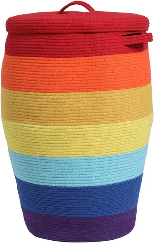 Vista 17 de Cesta alta de cuerda de algodón hecha a mano de 26"x20" con tapa, elegante forma de frasco con cubierta, cesto para ropa con tapa, para dormitorio