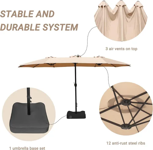 Vista 55 de Sombrilla de doble cara para patio de 15 x 9 pies con base y manivela, sombrilla rectangular extragrande para patio, césped y jardín, beige