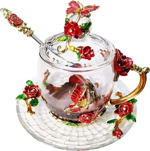 Vista 7 de Taza de café de vidrio, regalo de cumpleaños y Navidad para mujeres, mamá, hermana, novia, compañera de trabajo, taza de té de flores y mariposas