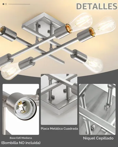 Vista 2 de Lámpara de techo semiempotrada de 6 luces, moderna lámpara Sputnik de níquel cepillado, lámpara de techo de granja E26, cocina, dormitorio, sala