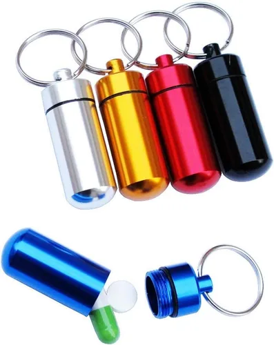 Vista 3 de Pastillero de color morado, mini pastillero de metal, caja de medicamentos de emergencia con funda para llavero, acero inoxidable para viajes al