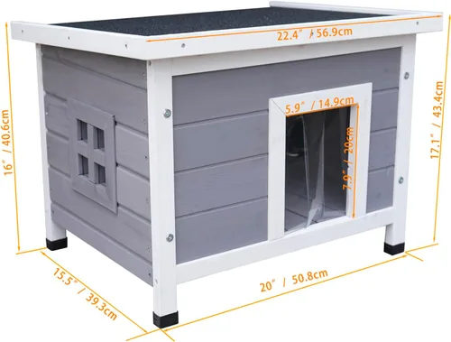Vista 5 de Casa de madera maciza para gatos y perros, cabaña para mascotas al aire libre para conejos, gatitos y perros pequeños, cortina resistente al viento