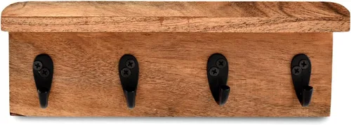 Vista 4 de NIRMAN Soporte rústico de madera de acacia para llaves para pared, estante de pared de granja con 4 ganchos para entrada, cocina de granja