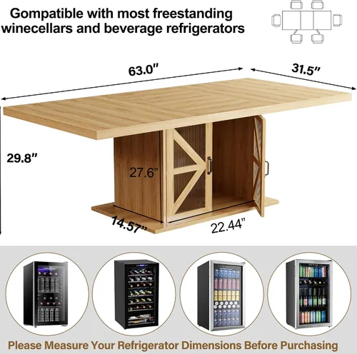 Vista 2 de LVB Mesa de comedor para 4-6, moderna mesa de comedor de madera, mesa de cocina rectangular de granja con espacio de almacenamiento y refrigerador