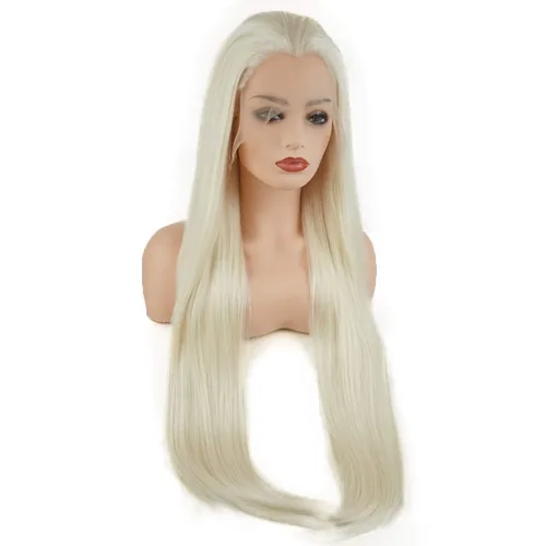 Vista 2 de Pelucas de cabello liso súper largo de 28 pulgadas, mezcla de rubio claro blanco, densidad pesada, pelucas sintéticas con encaje frontal