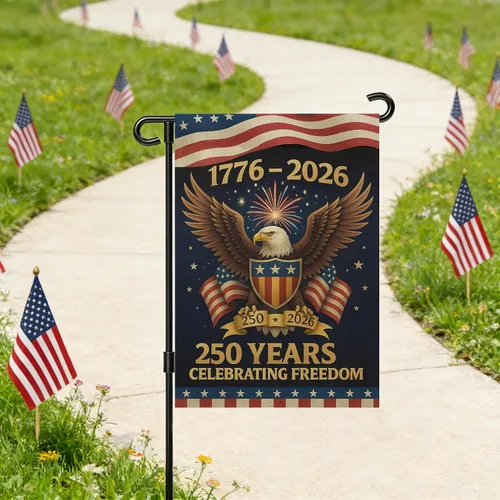 Vista 8 de Banderas de jardín con el 250 aniversario de Estados Unidos para exteriores, bandera de Estados Unidos del 250 aniversario 1776-2026, letrero