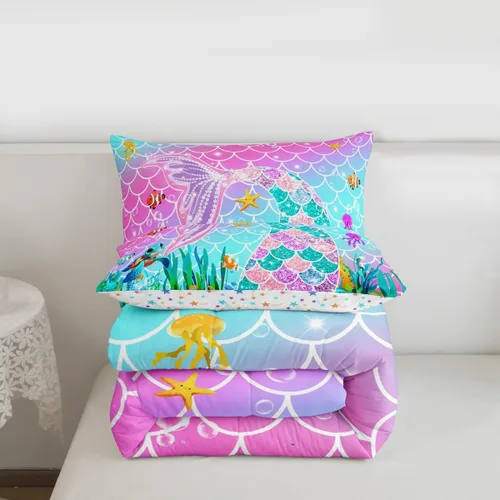 Vista 4 de Feelyou Juego de ropa de cama de sirena suave para niños y niñas, juego de edredón de escamas de peces oceánicos, tamaño individual, edredón