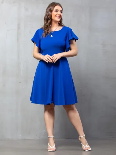 Vista 4 de Vestido de verano para mujer con mangas voladas cintura alta cuello redondo manga de mariposa dobladillo acampanado longitud hasta la rodilla