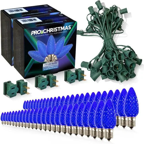 Vista 31 de Pro Christmas - Kit de luces C9 para exteriores, blanco cálido, cable verde, 50 bombillas, 50 pies