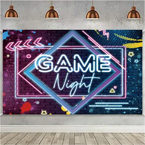 Vista 3 de Fondo de fotografía de lámpara de neón para noche de juegos, decoración de mesa de pastel, decoración de mesa, telón de fondo para fotos, 5 x 3 pies