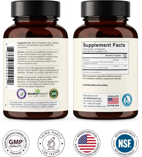 Vista 8 de Complejo completo de magnesio de 500 mg para mujeres y hombres 60 cápsulas Suplemento Mag 6 en 1 con zinc Calidad del sueño y salud muscular