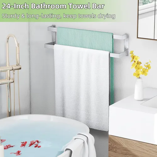 Vista 8 de Toallero doble, toallero de 24 pulgadas para baño montado en la pared, toallero de acero inoxidable, toallero doble para toallero para pared