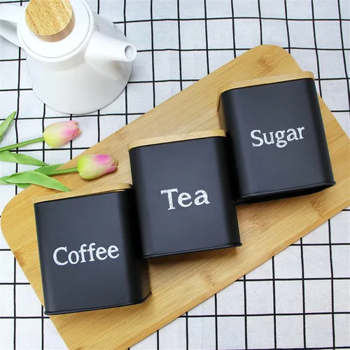 Vista 2 de SOTECH Juego de 3 recipientes de cocina para café, azúcar y té, tarros de metal con tapa de bambú, recipientes cuadrados negros para almacenamiento
