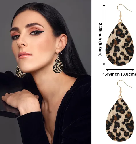 Vista 5 de Juego de 4 joyas de leopardo para mujer, aretes con estampado de leopardo, gorro de boina francés, borla larga, collar con dije de guepardo, pulsera