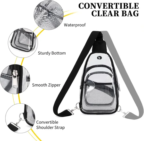 Vista 7 de Bolsa transparente para eventos en estadios, mochila transparente para mujer, impermeable, de PVC, cangurera cruzada para conciertos