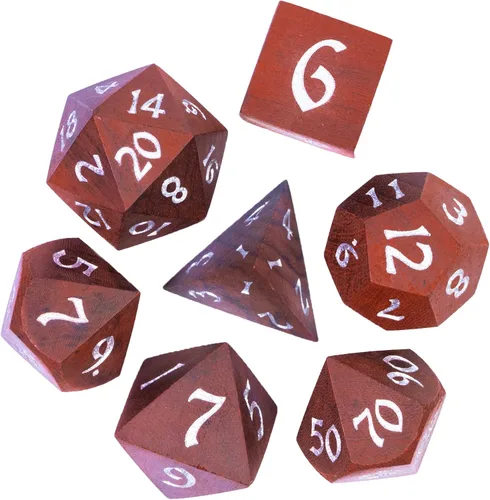 Vista 19 de Juego de dados D&D de sándalo rojo, dados poliédricos de madera natural con caja de lata de metal para juegos de rol y juegos de mesa