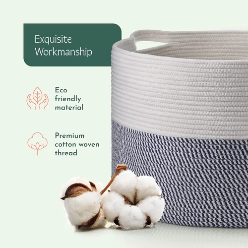 Vista 4 de Cesta decorativa de manta jumbo para sala de estar, cesta tejida de cuerda de algodón 100% para almacenamiento con 2 asas de fácil transporte