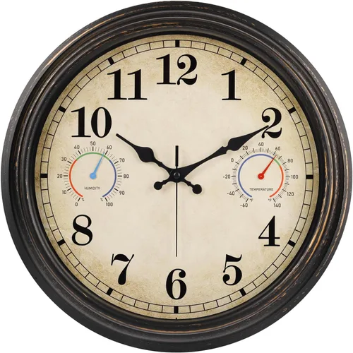 Vista 11 de Reloj de 12 Pulgadas para Exteriores con Termómetro e Higrómetro Combo, Reloj de Pared Impermeable para Interiores y Exteriores para Patio, Piscina
