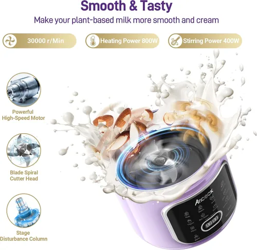 Vista 4 de 11 en 1 máquina de leche de nueces, máquina de leche de soja de 50 onzas con autolimpieza Almond Milk, Oat, Soy, Yogurt, Juice, Ultra-Quiet